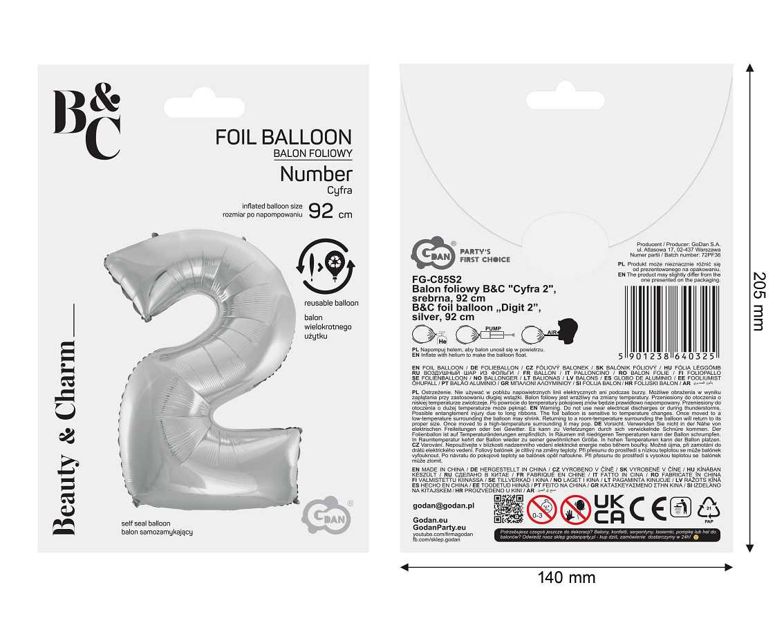 Foil balloon B&C digit 2, silver, 92 cm